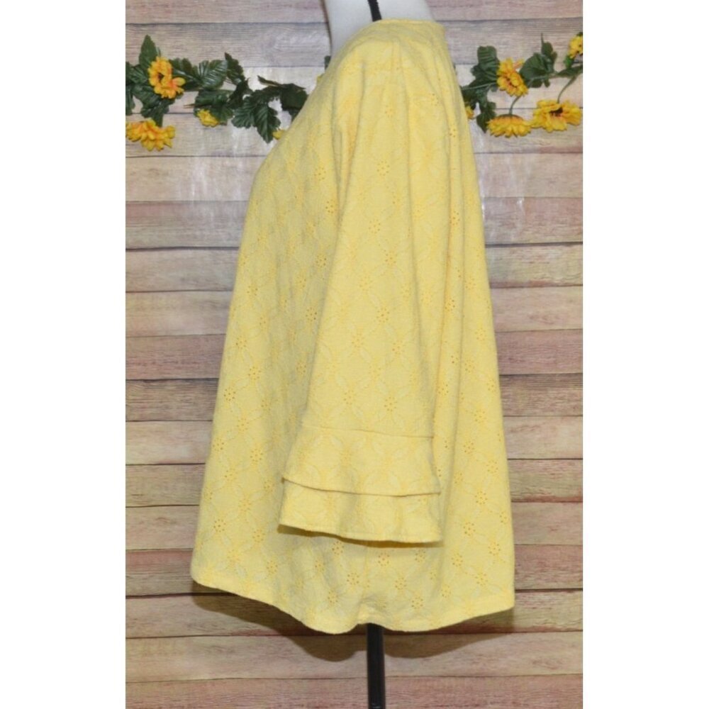 Chico's 4 US XXL 1X Butter Yellow Eyelet Blouse Top 3/4 Ruffle Sleeve Scoop Neck - Picture 6 of 12